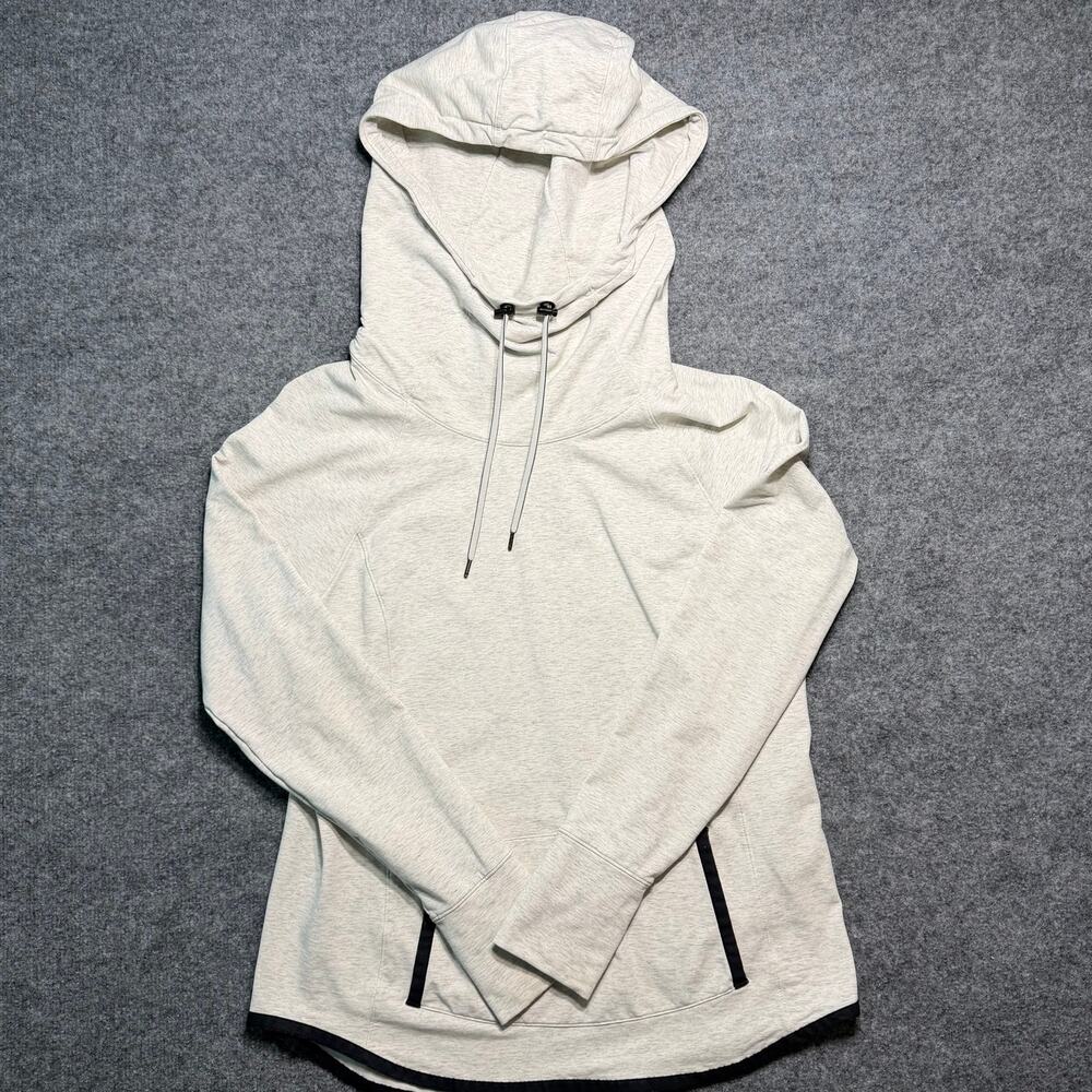 Athleta‎ Sentry Cowl Neck Hoodie Cream Black Trim Thumbholes Size Large